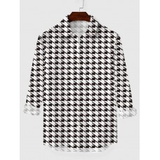 Full-Print Black And White Houndstooth Printing Men's Long Sleeve Shirt