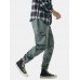 Mens Solid Applique Cotton Drawstring Cuff Cargo Pants With Multi Pockets